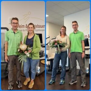 Praxisinhaber und Physiotherapeut Frank Heim gratuliert Lisa-Marlen Neugebauer und Nina Bahn mit einem Blumenstrauß